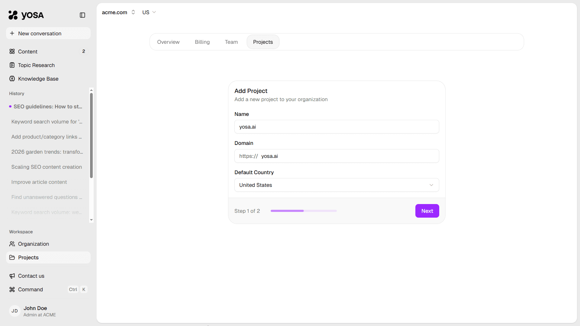 Project adding form in YOSA