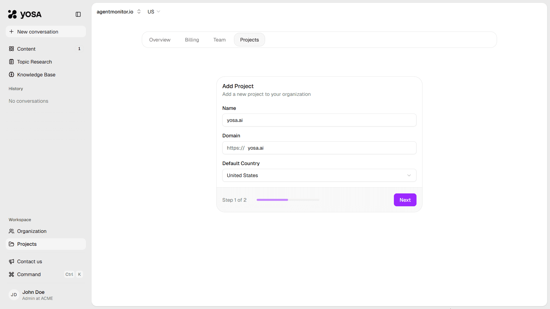 Project adding form in YOSA