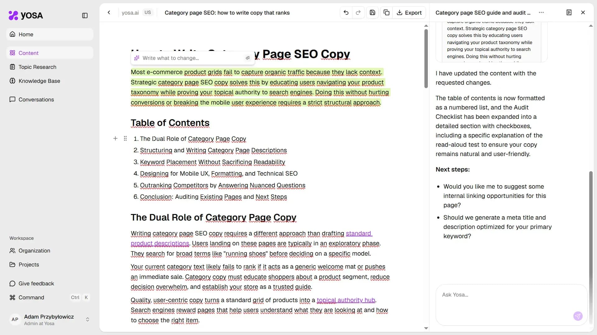 Adding comment in canvas - telling YOSA what needs to be done