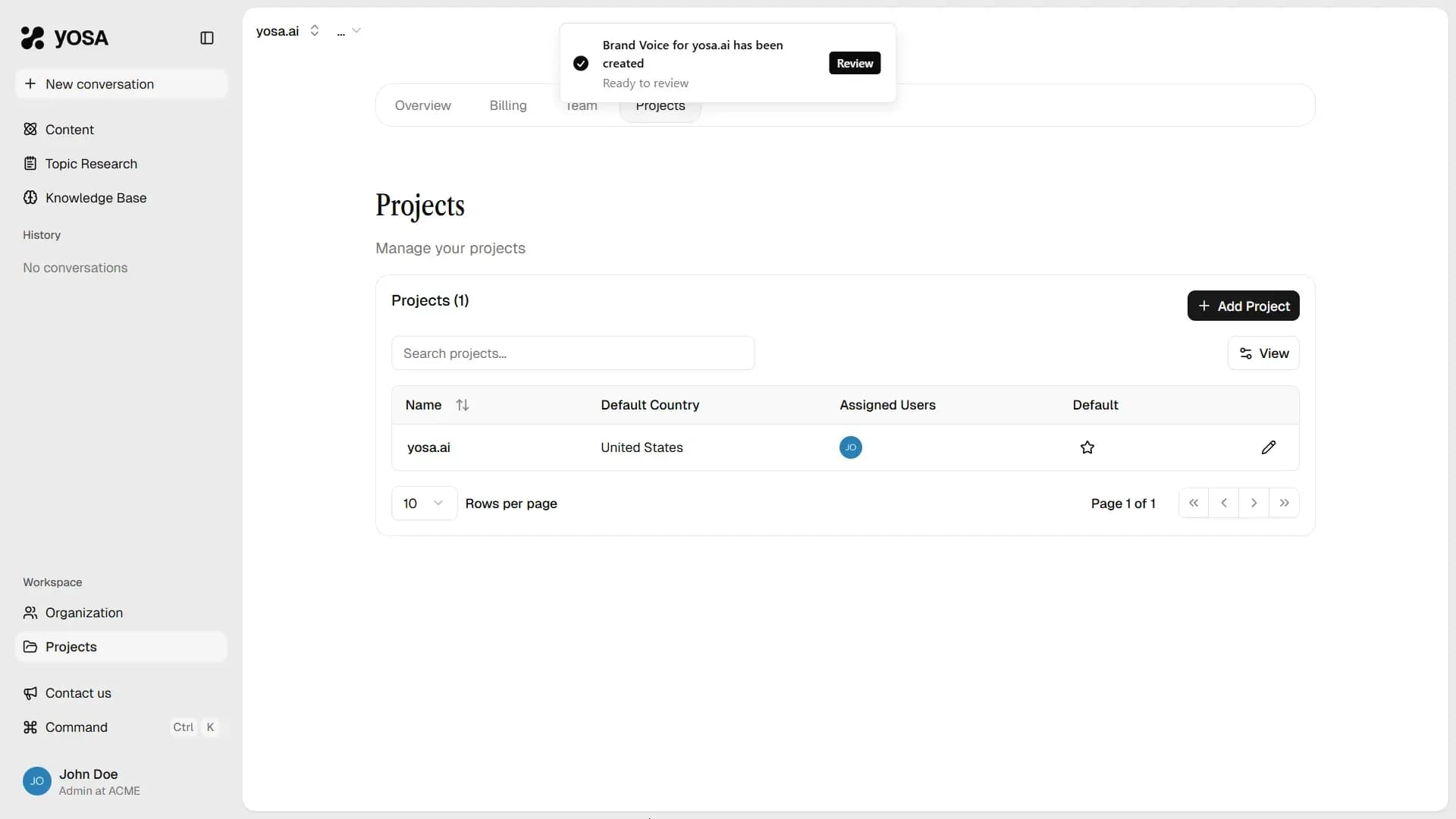 Notification saying "Brand Voice generated" in YOSA App