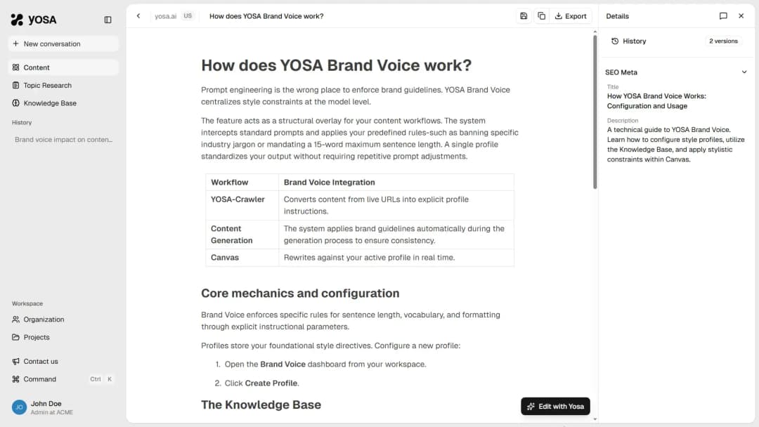 Canvas with generated blog post about YOSA Brand Voice