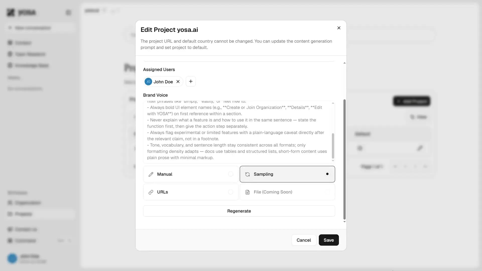 Brand voice edit menu