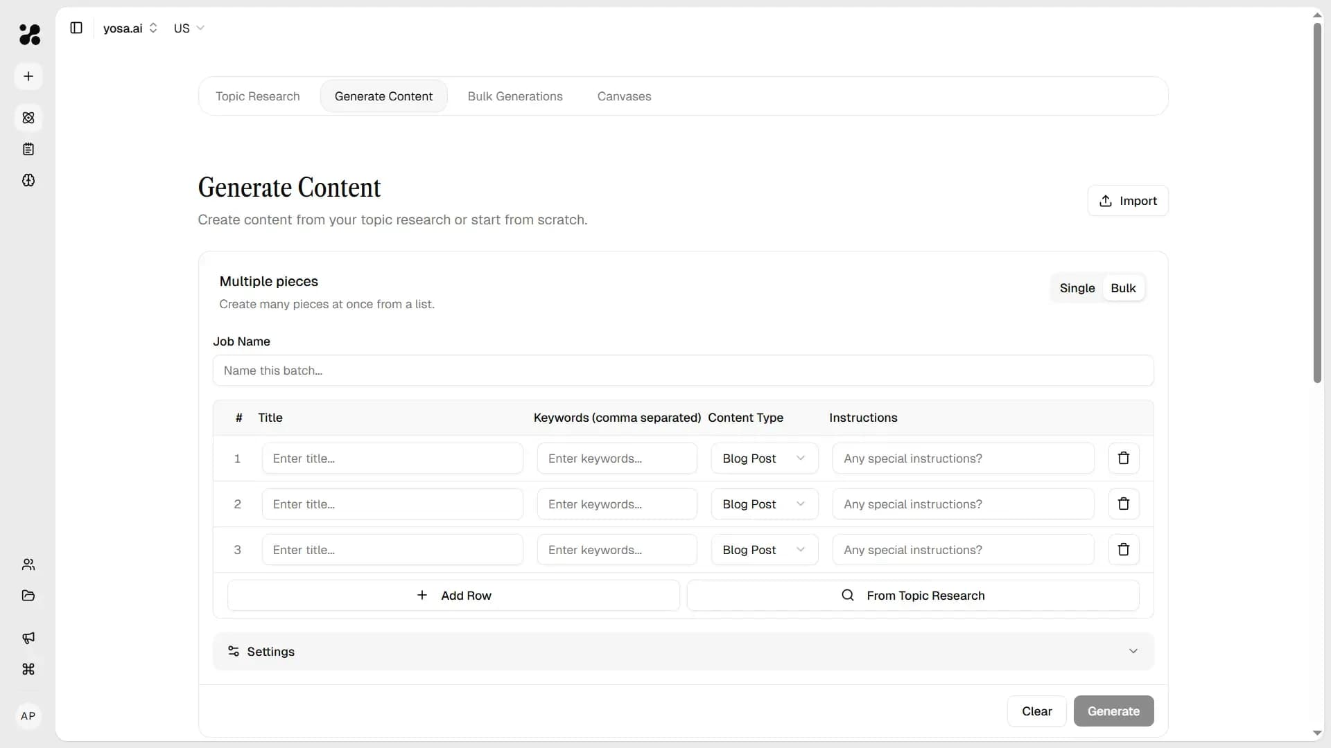 Bulk content generation form