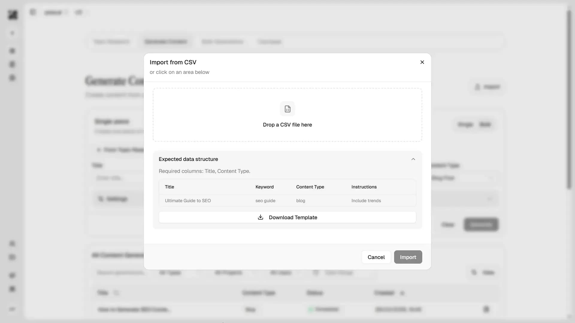 Bulk content generation import