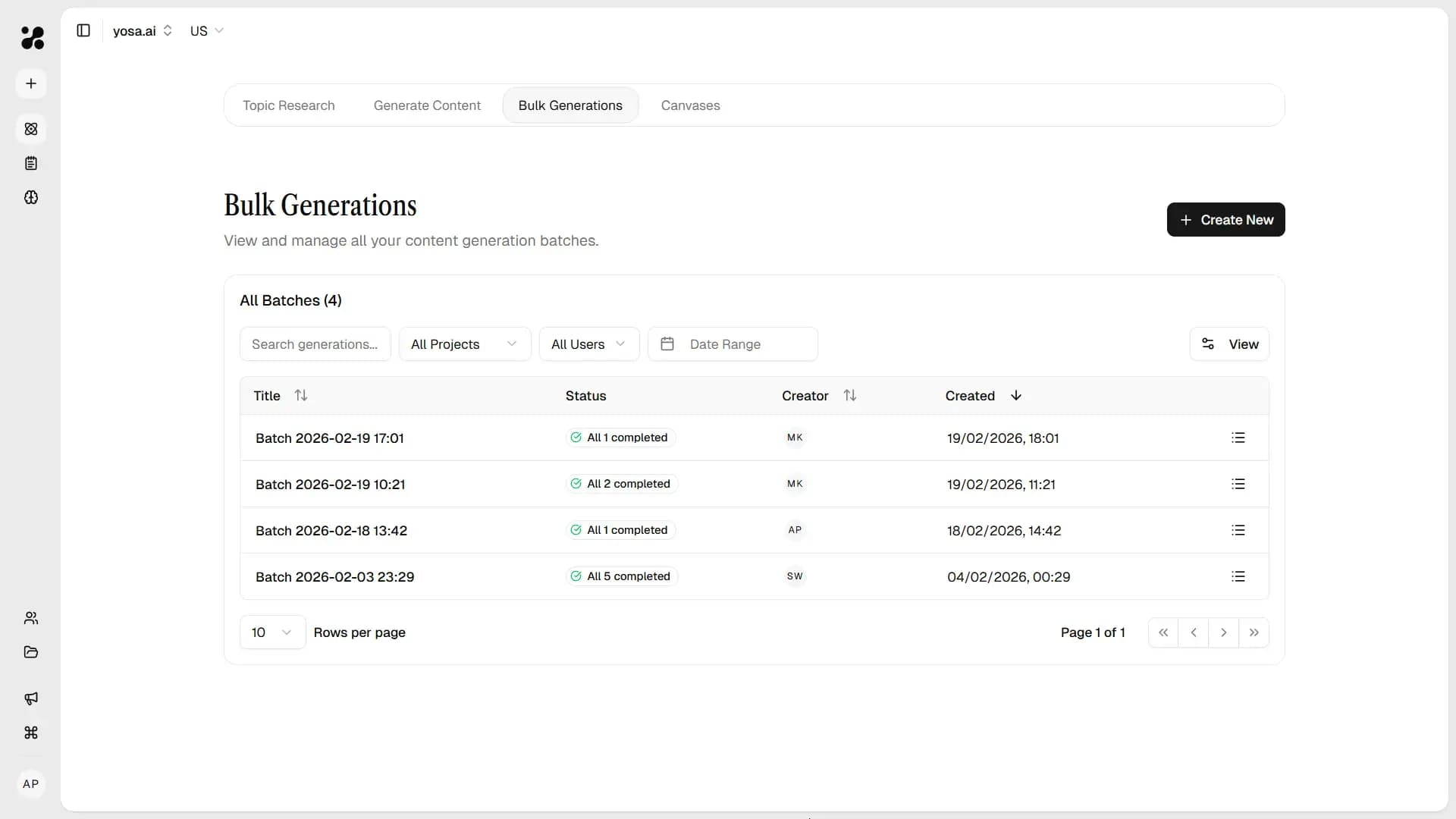 Bulk content generation tab