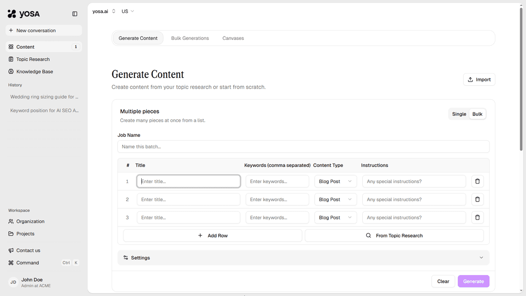 Bulk content generation tab
