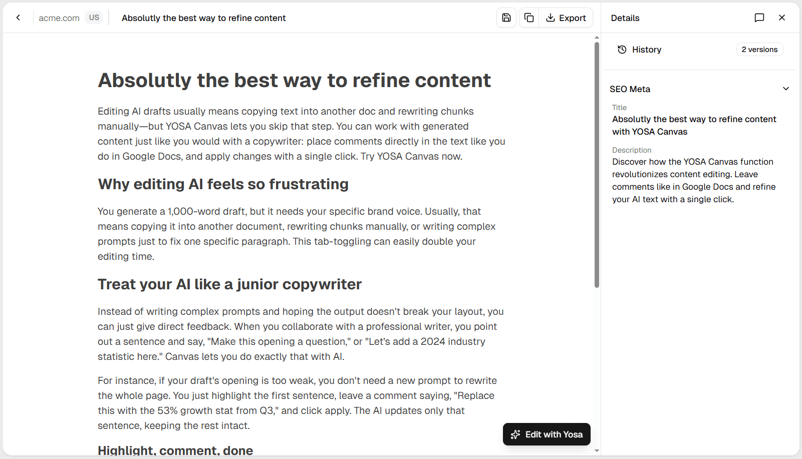 Canvas document with blog post titled "Absolutly the best way to refine content" 