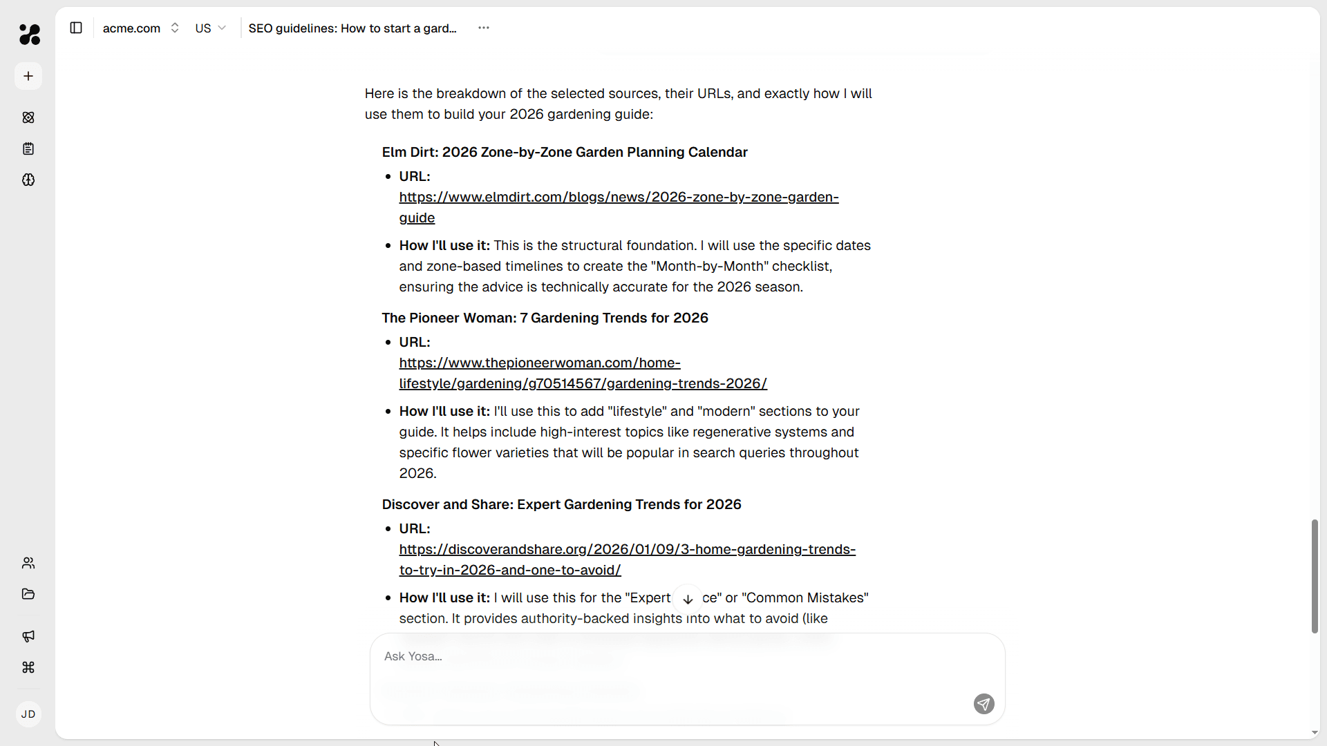 Content research in YOSA chat