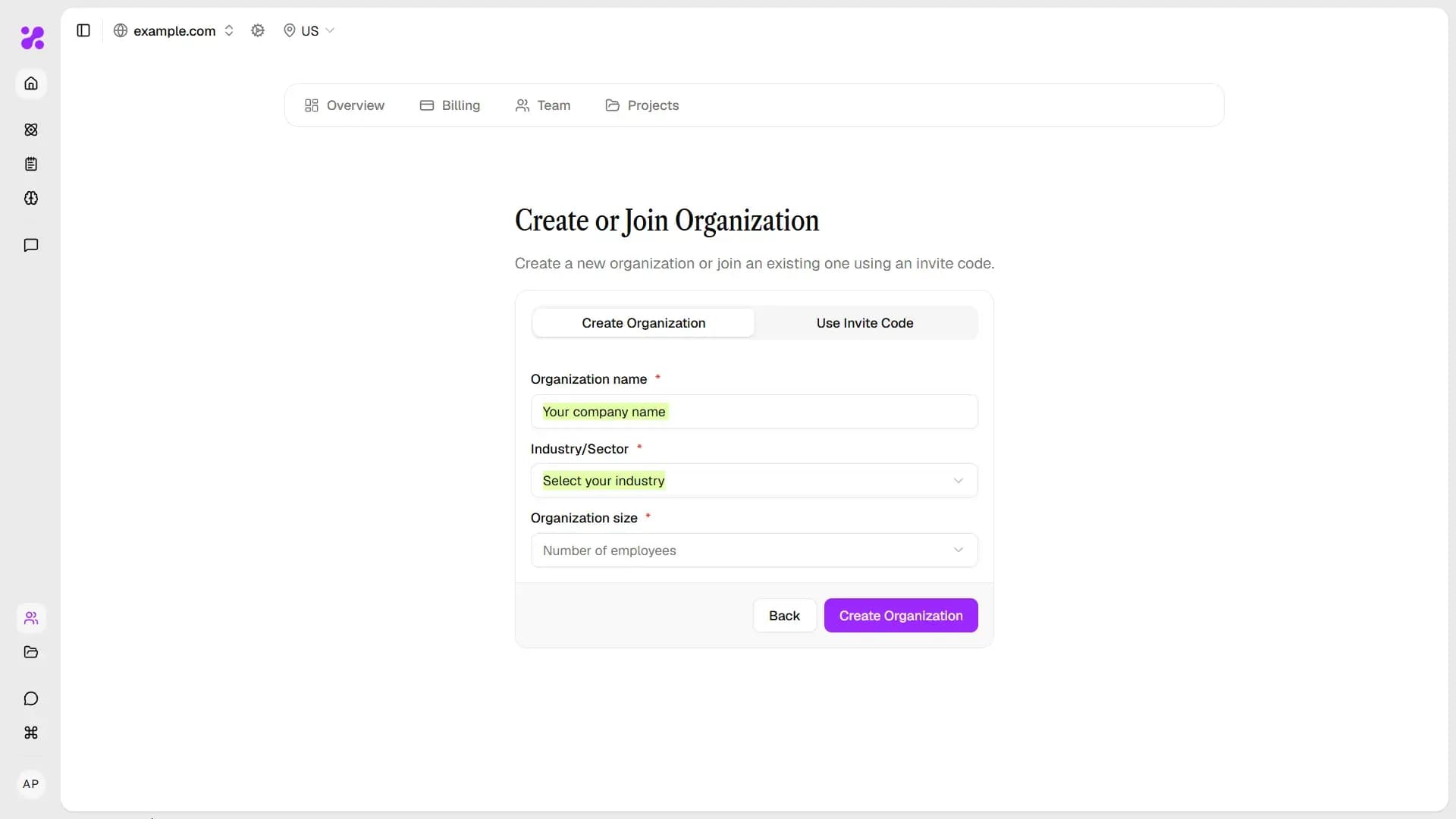 Create organization form