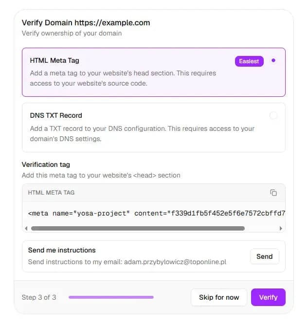 Domain Verification window