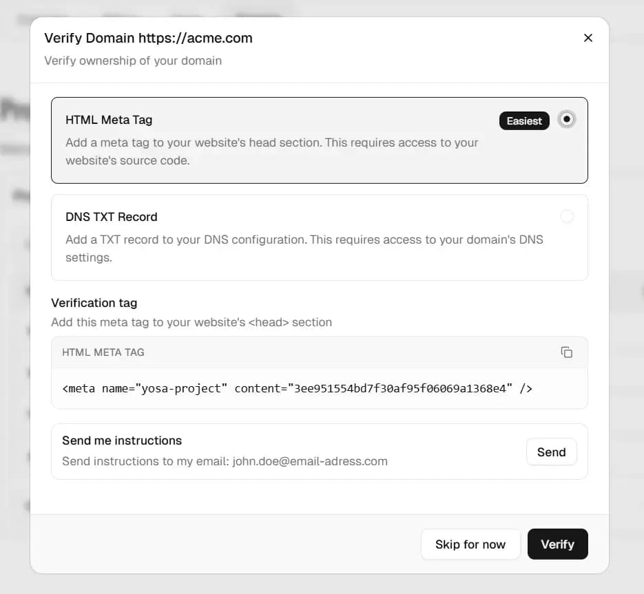 Domain Verification window
