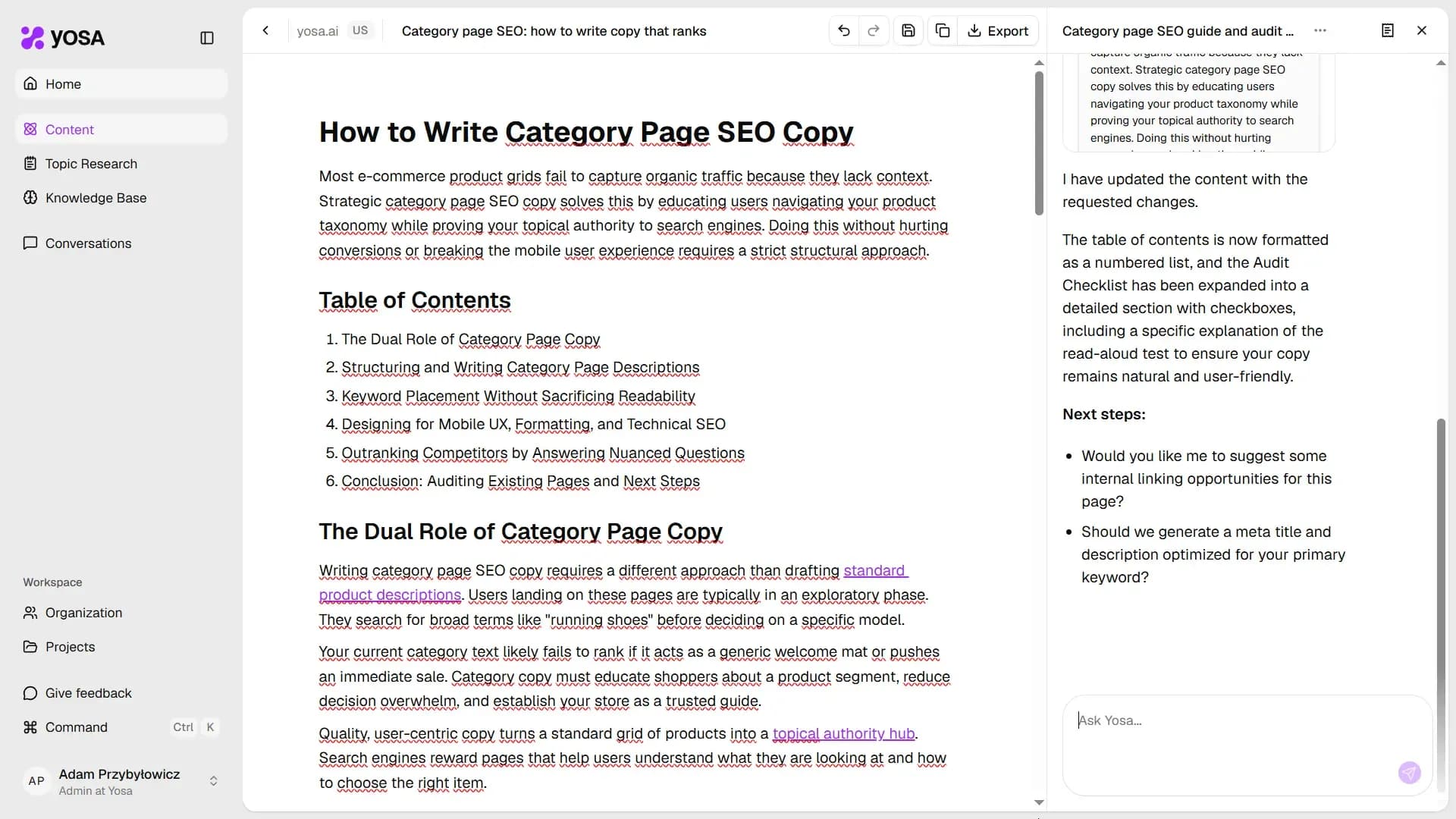 Editing content in canvas via chat