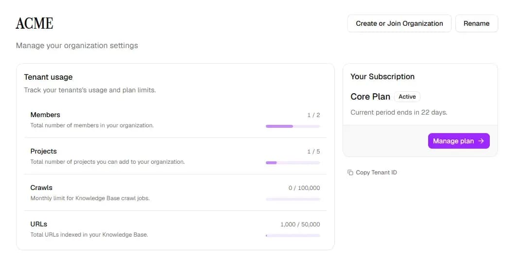 Limits view in organization settings