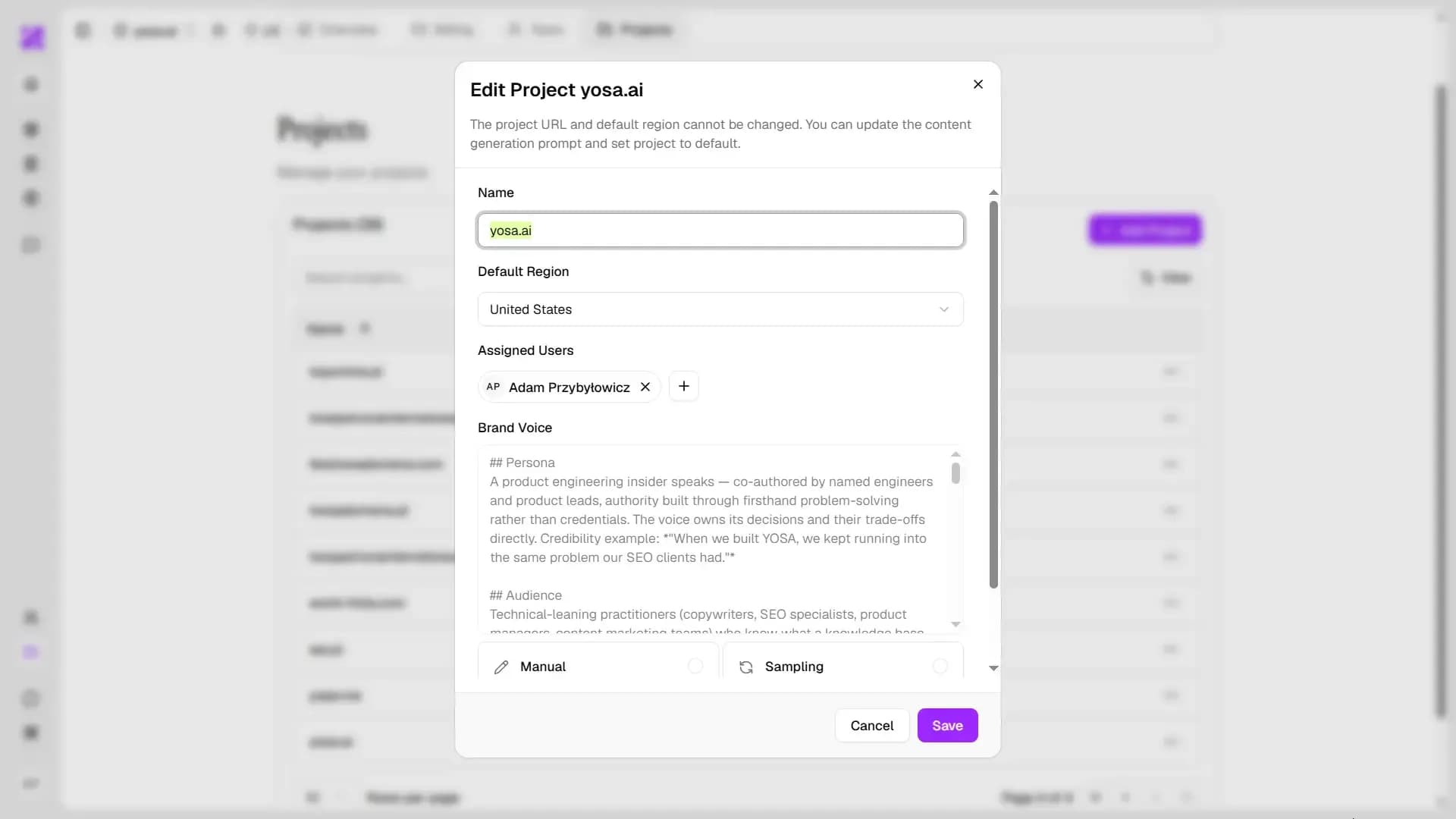 Edit project window