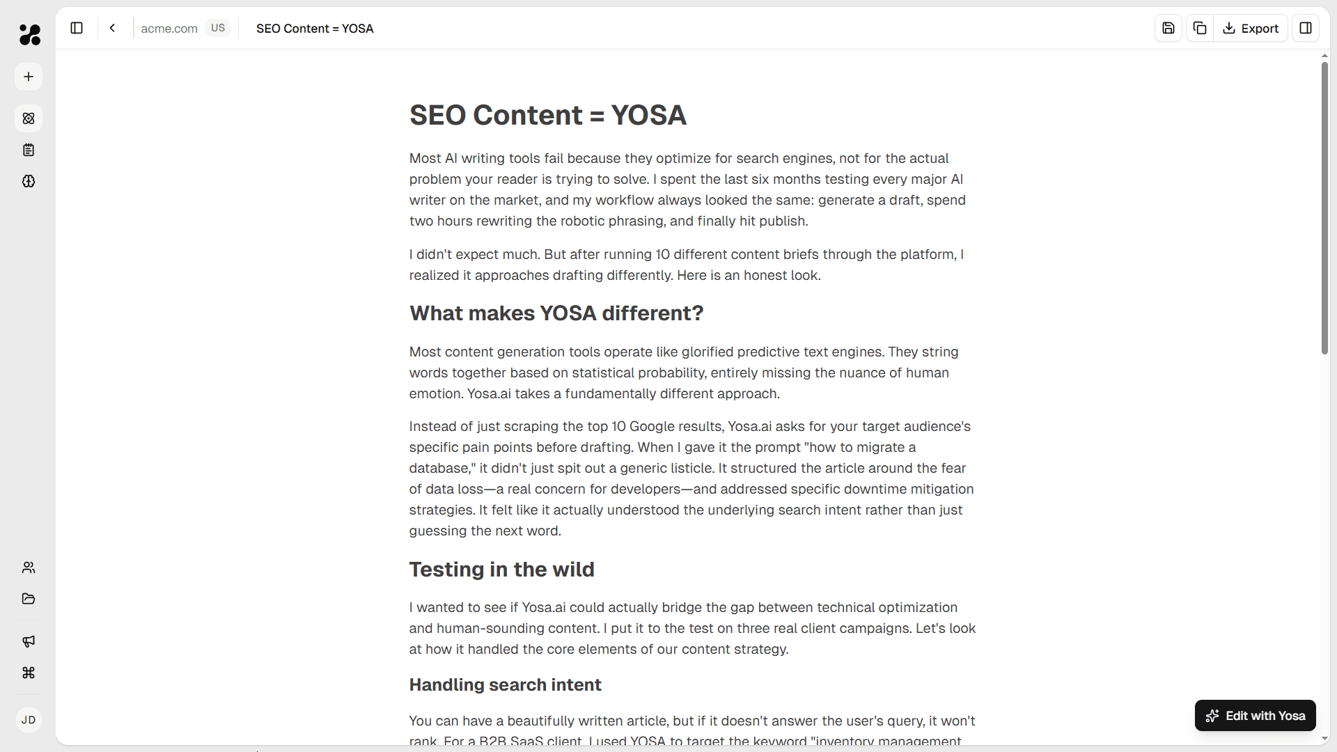 Canvas document with blog post titled "SEO Content = YOSA" 
