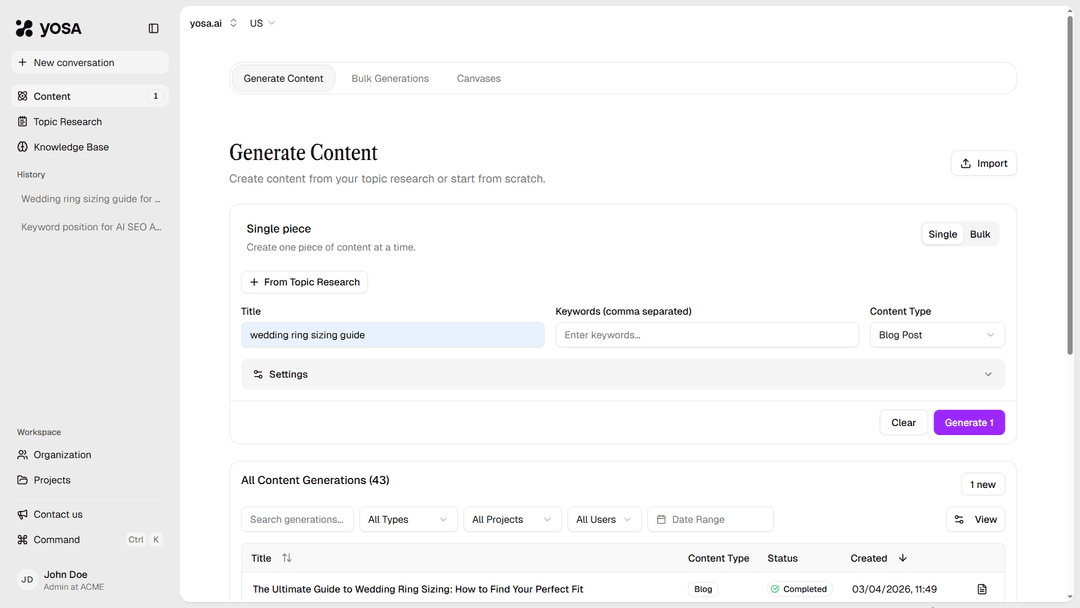 Single content generation tab