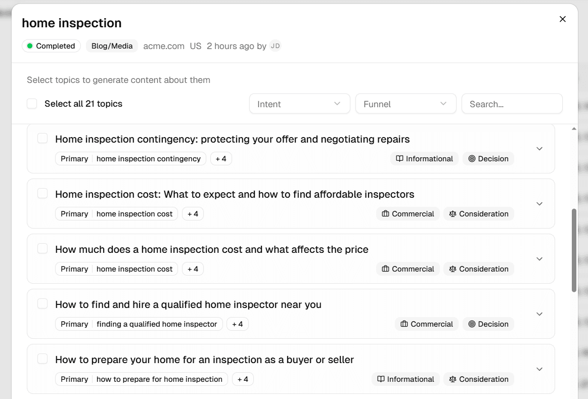 Topic research function: list of generated topics for "home inspection"