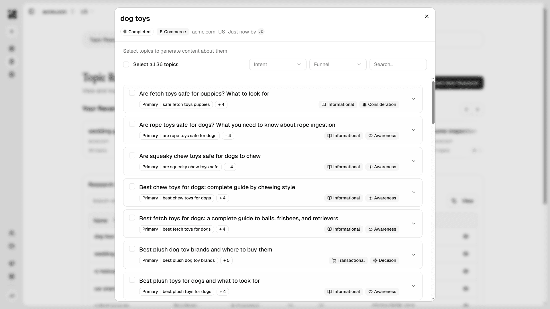 List of topics in topic research feature