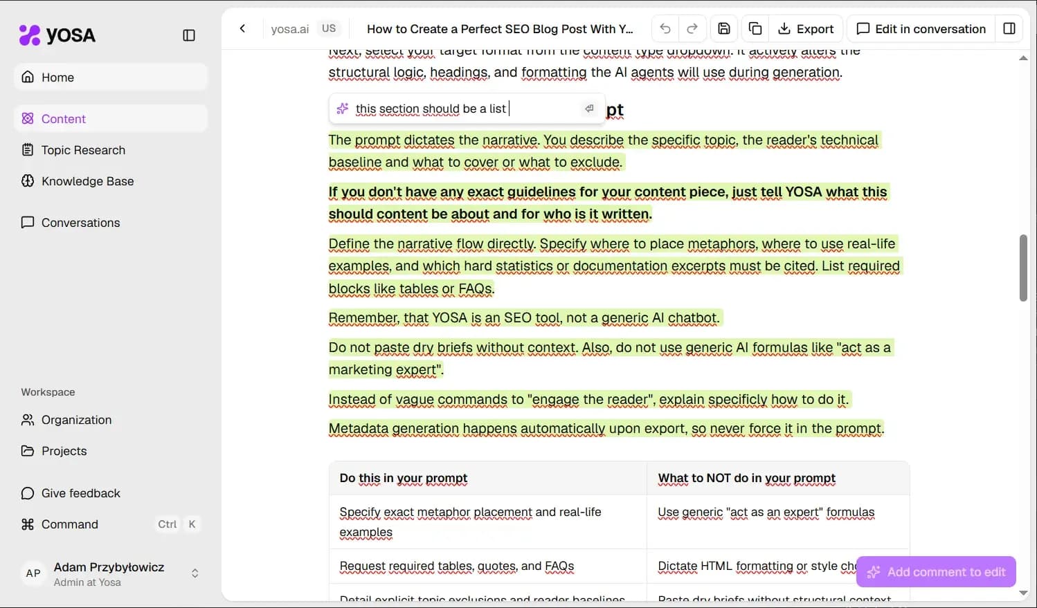 Adding comment in canvas - telling YOSA what needs to be done