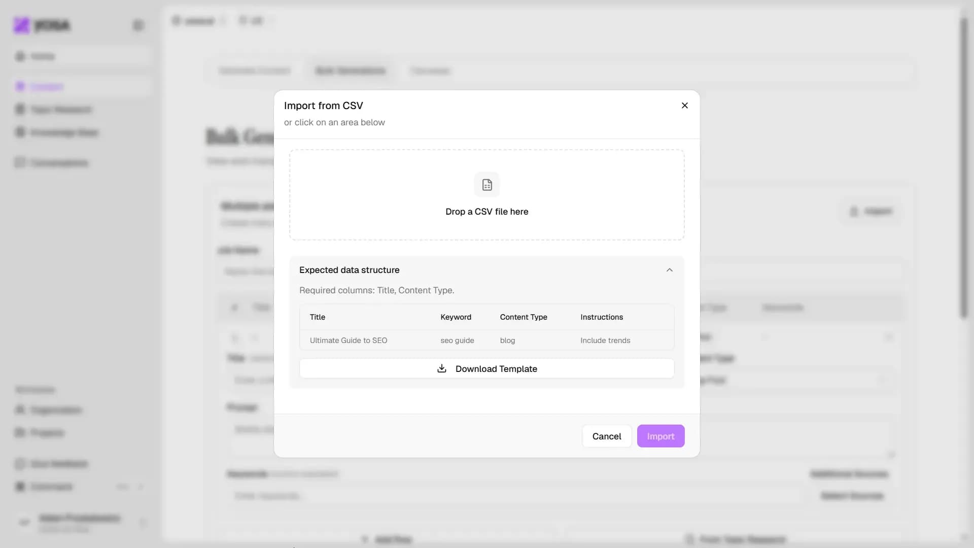 Bulk content generation import