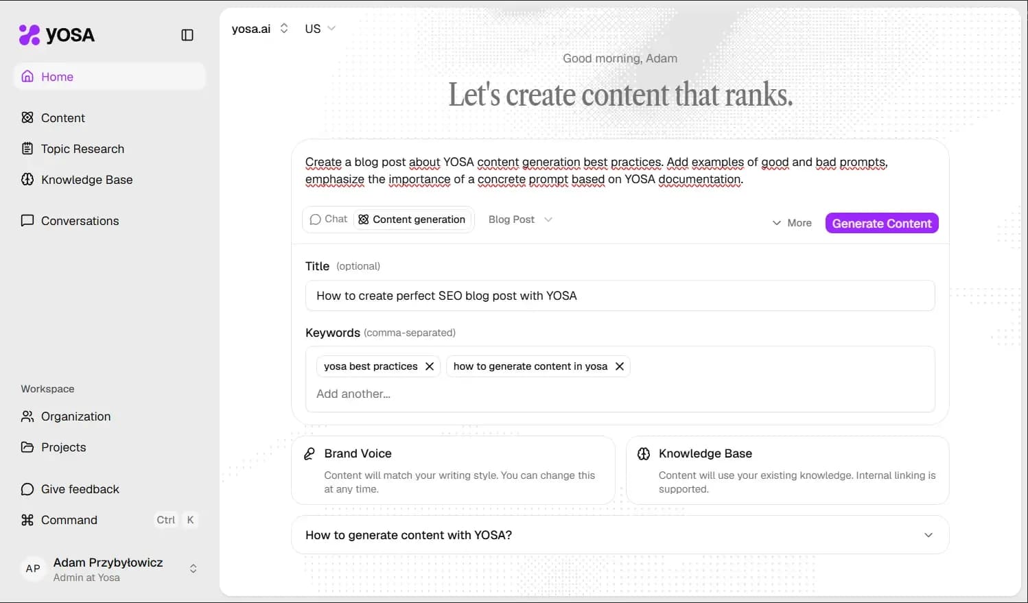 Content generation form with filled data