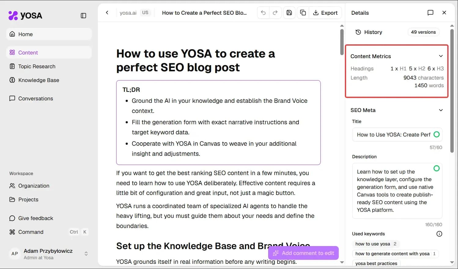 Content metrics section in canvas