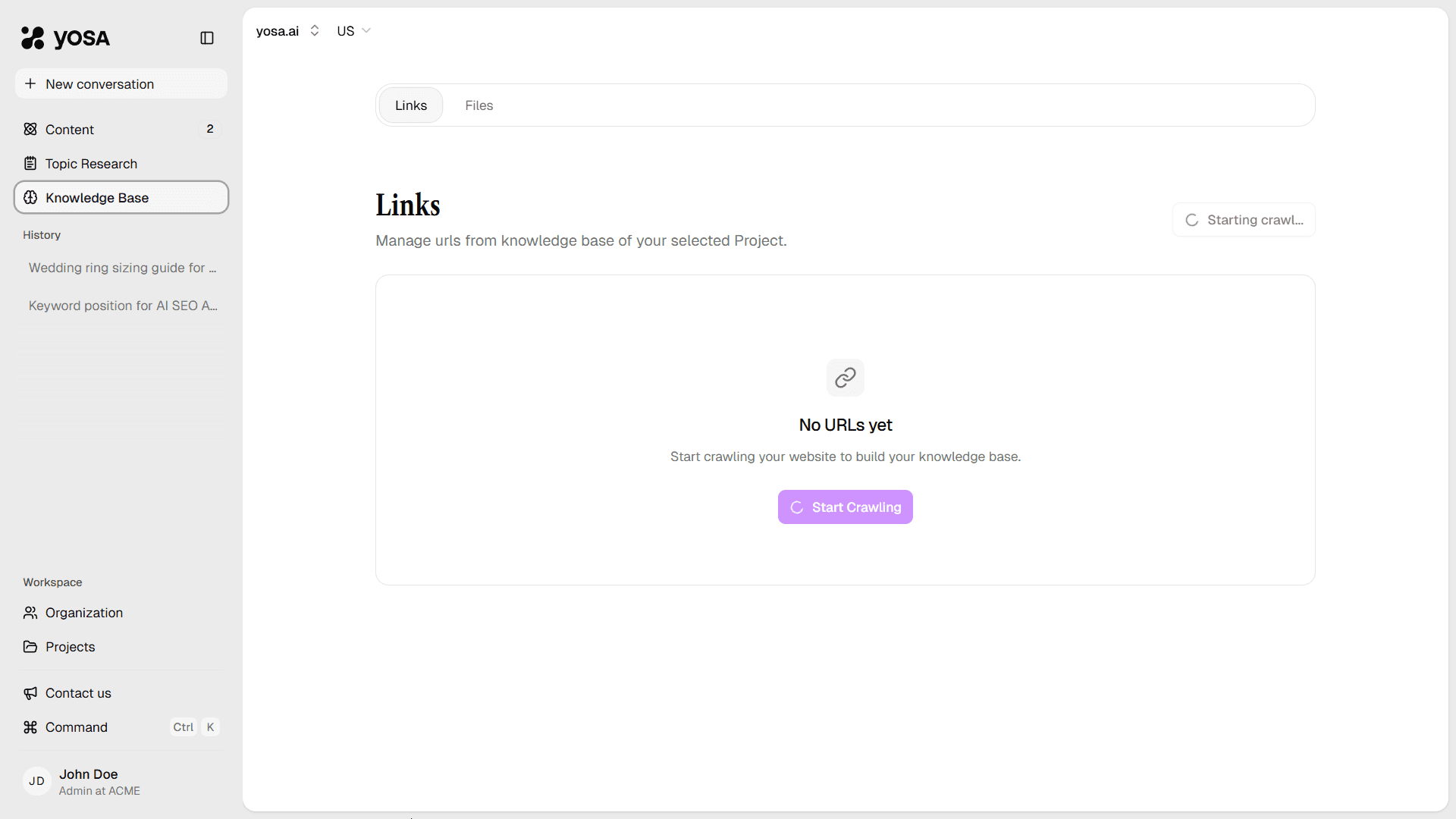 Knowledge base crawling status