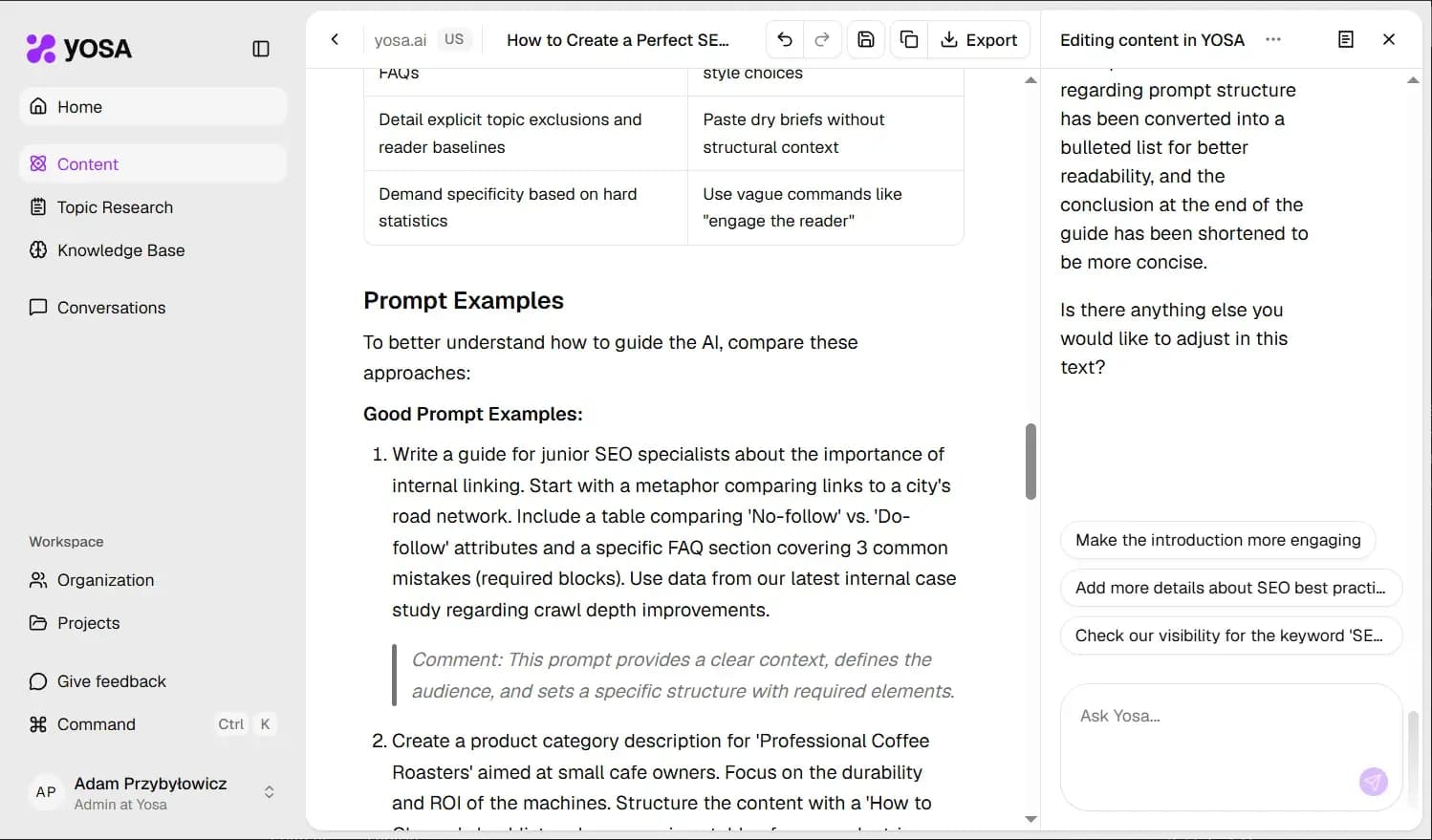 Editing content in canvas via chat