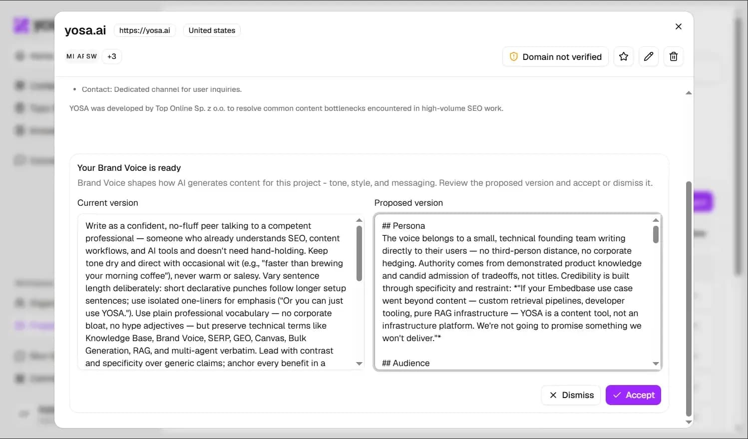 Brand Voice review window