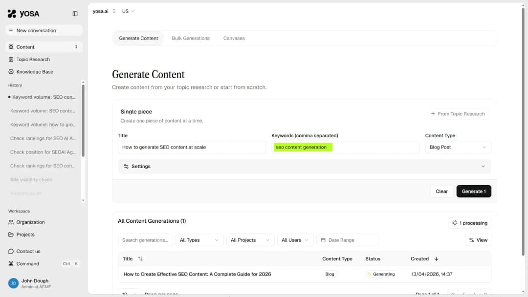 Keyword input in content generation form