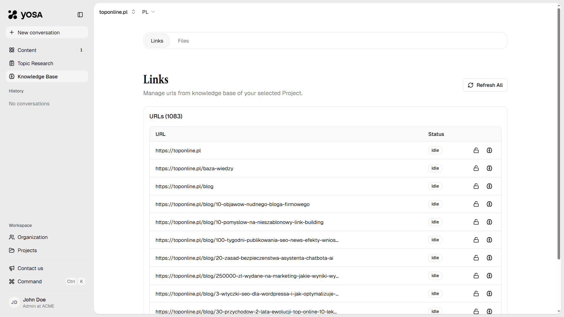 Knowledgebase tab with a list of crawled links
