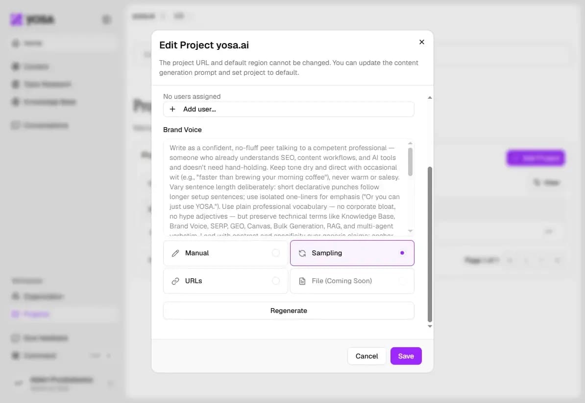 Brand Voice regeneration in project settings