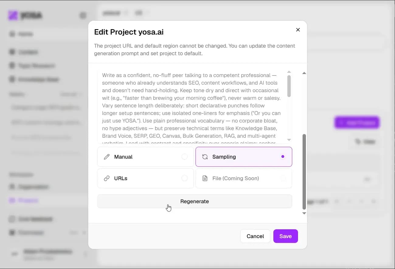 Screenshot of project details in YOSA showing how to generate in YOSA