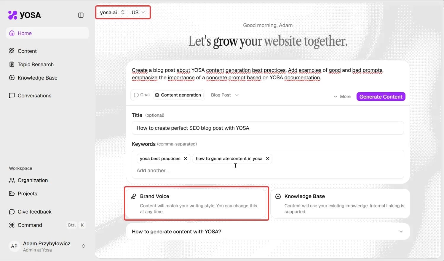 Screenshot of YOSA content generation form with highlighted elements to check before generation
